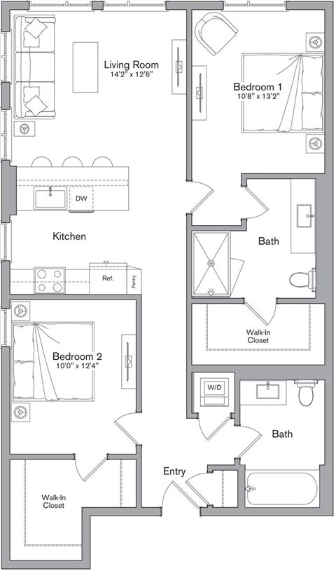 A floor plan of a two bedroom apartment with a living room, kitchen, and bathroom.